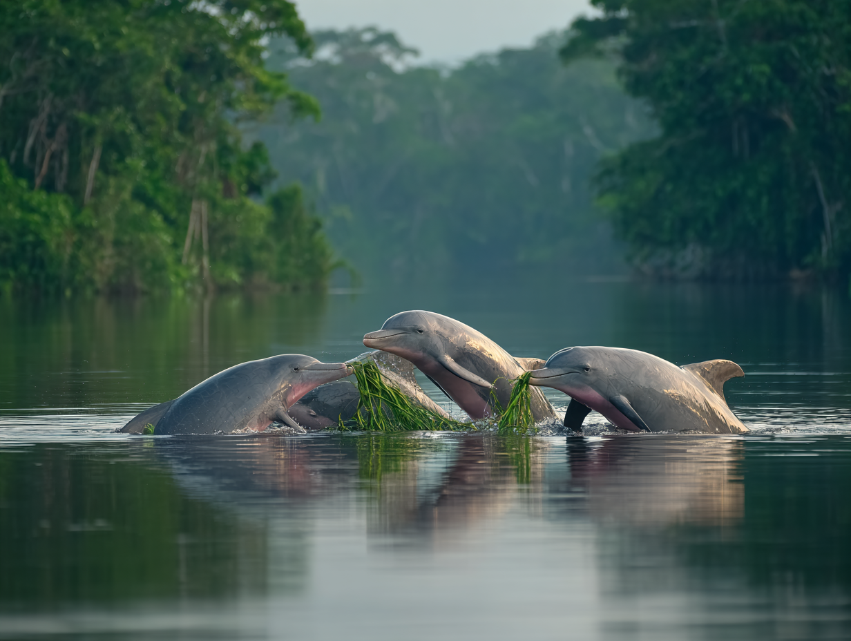 A boto navigates the labyrinthine underwater world of the seasonally flooded forest—its unfused neck vertebrae allowing 180-degree head rotation to hunt among submerged trees and roots.
