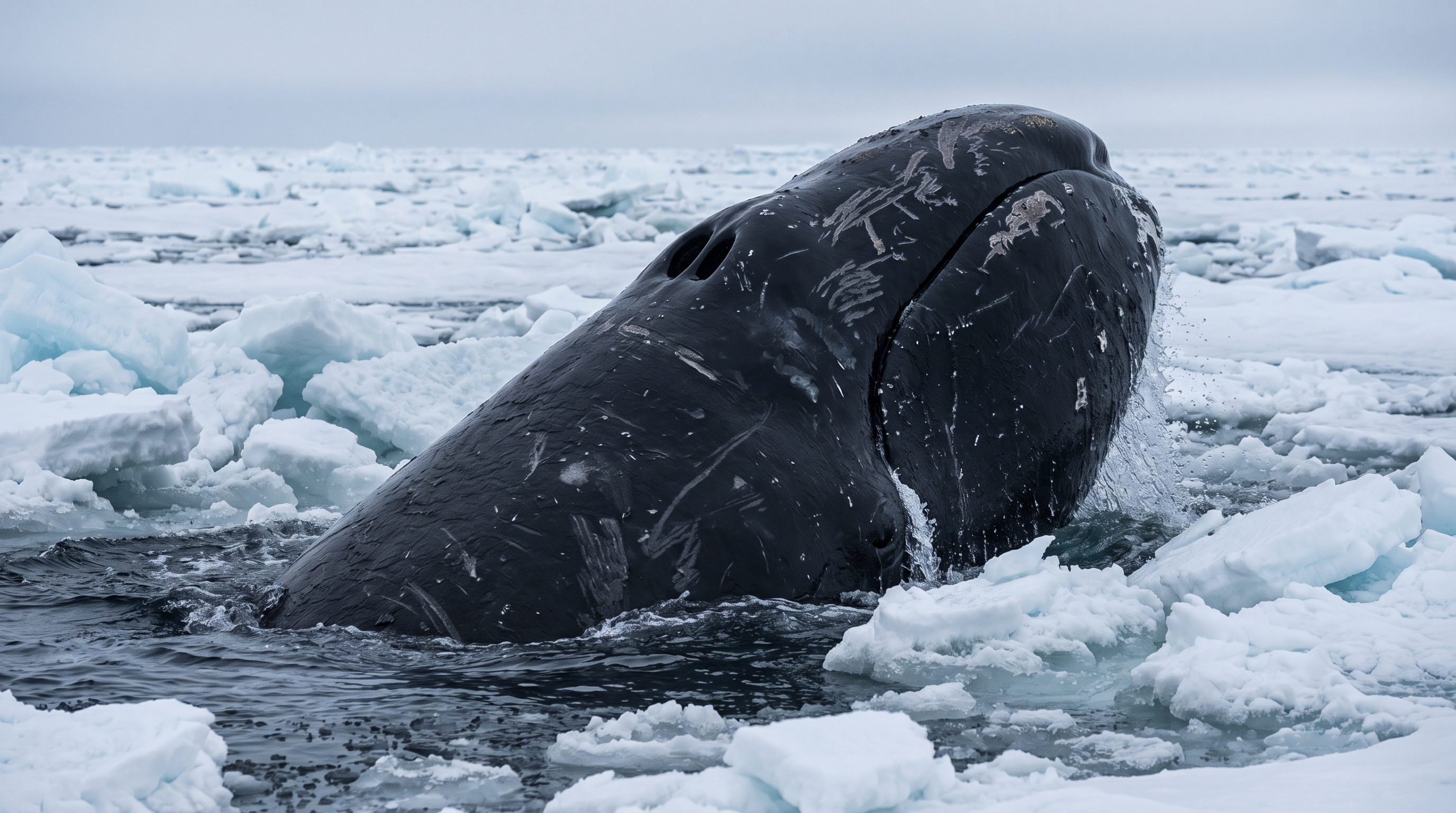 A bowhead whale surfacing through a lead in Arctic sea ice, its massive arched head breaking the surface among broken floes