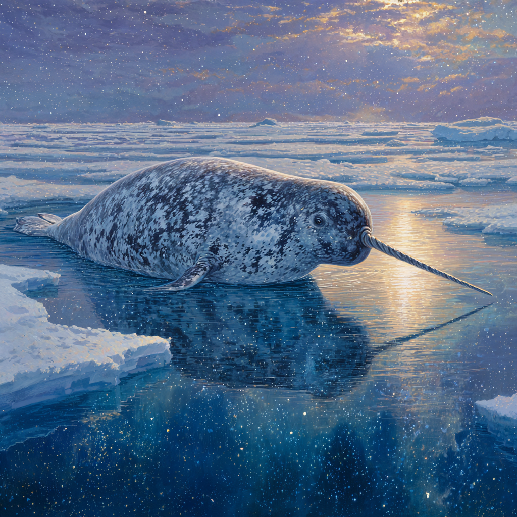 A male narwhal surfaces, revealing its distinctive spiraled tusk—a tooth that has inspired centuries of legend.