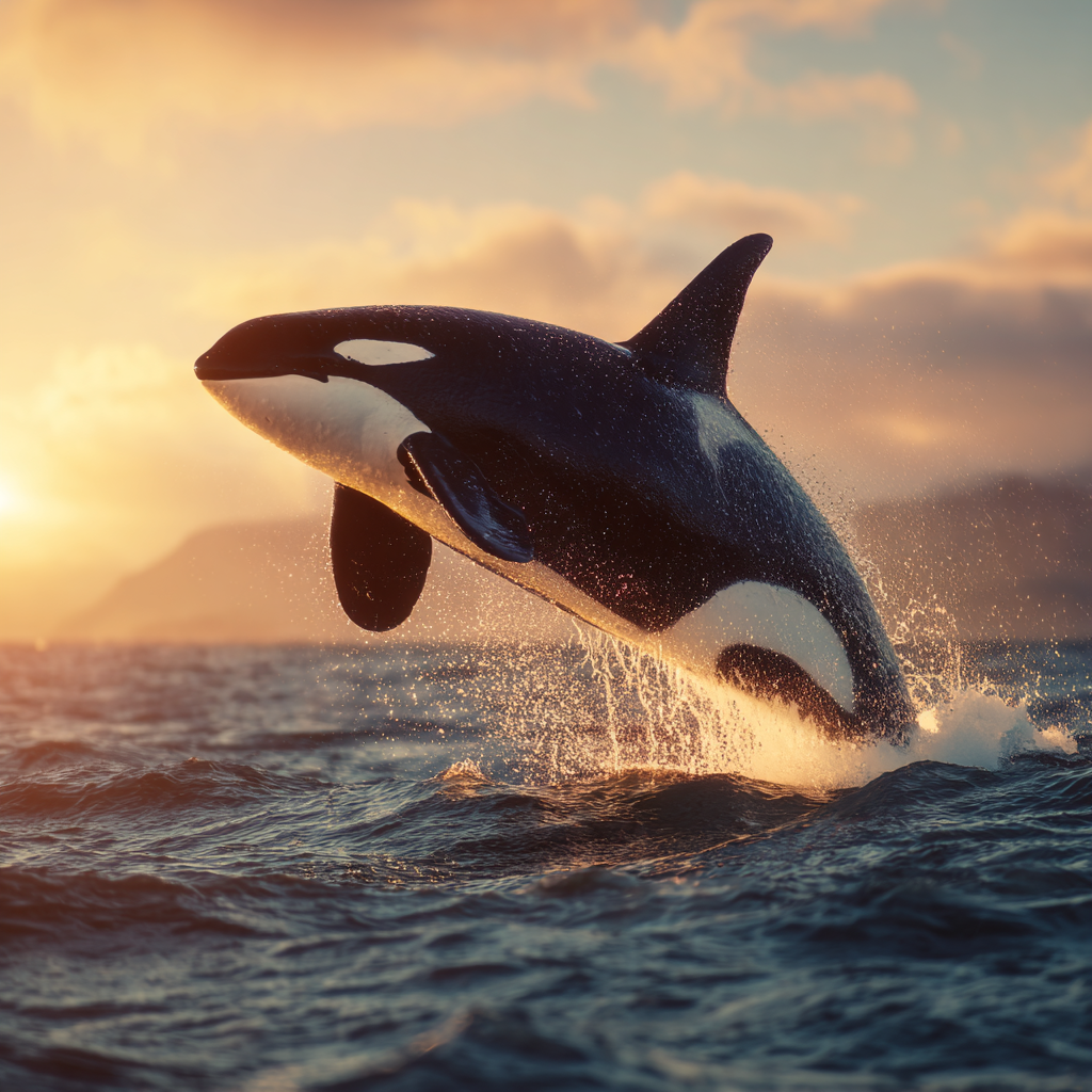 A powerful orca glides through its ocean domain, displaying the distinctive black-and-white coloration and imposing dorsal fin that make this species unmistakable.