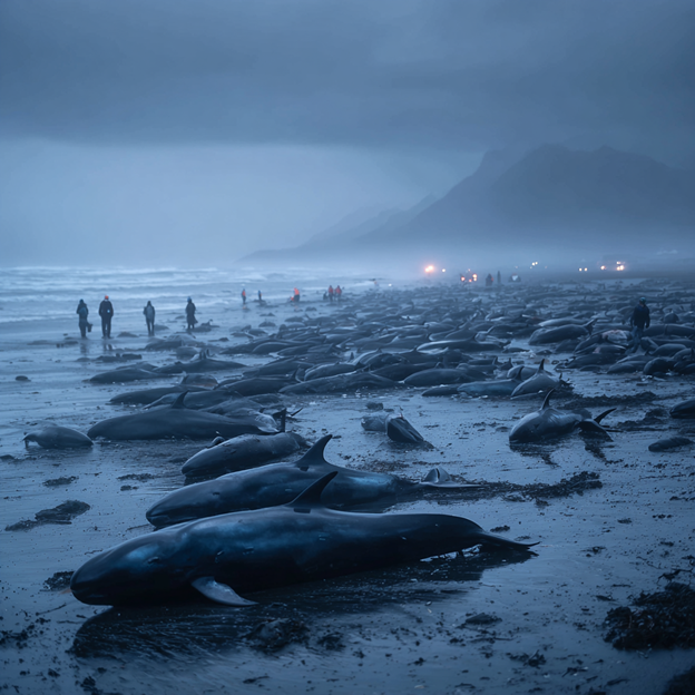 The tragic result of social loyalty: a mass stranding, where an entire pod follows a distressed member ashore, choosing family over survival.