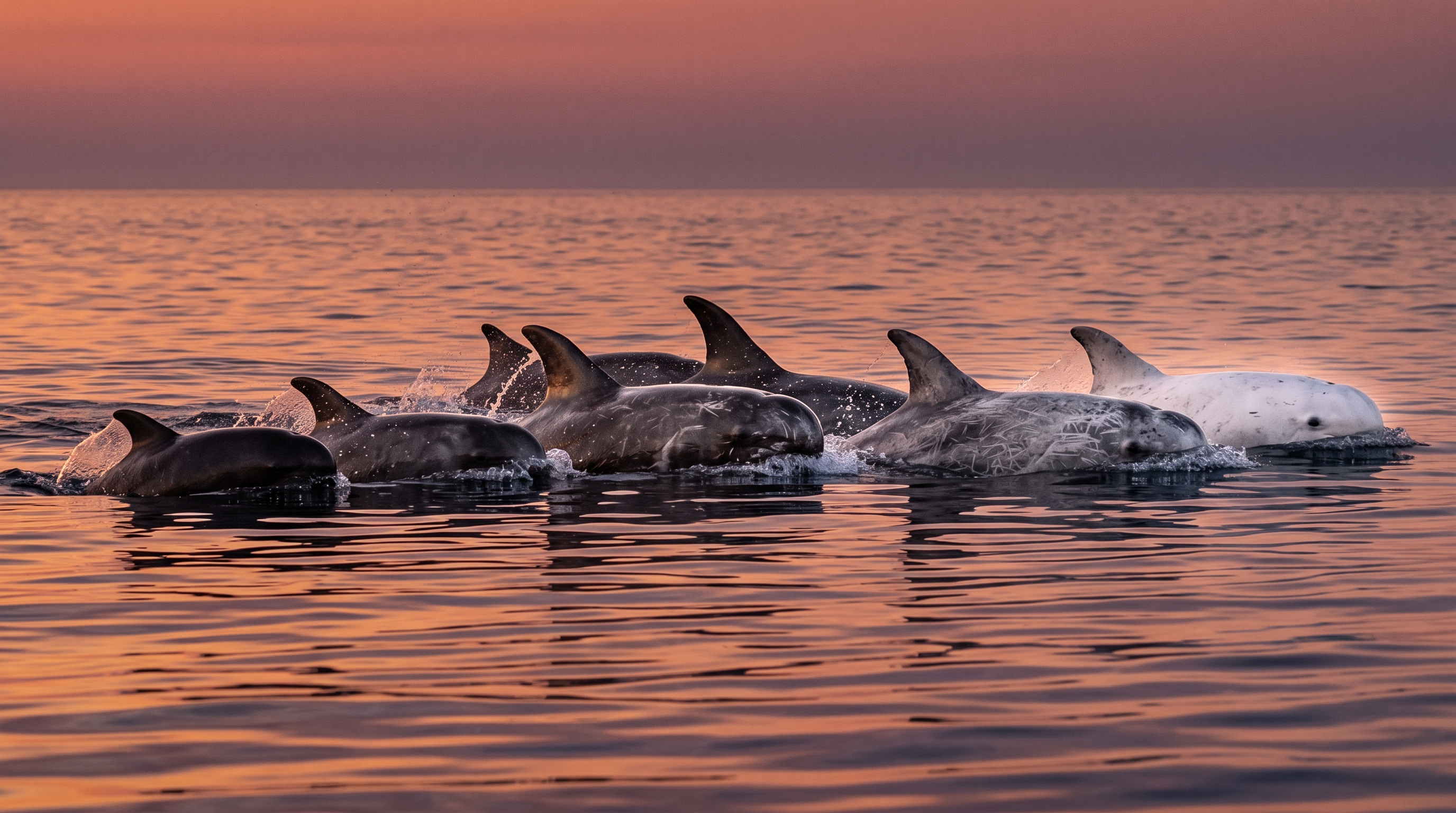 A small pod of Risso's dolphins at the surface at dusk, ranging from a dark young animal to a nearly white adult